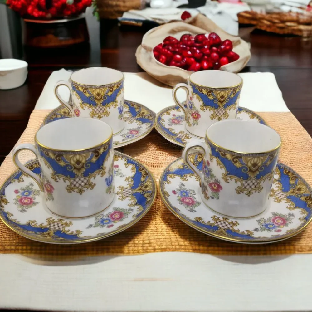 Shelley Bone China Espresso Cup & Saucer Flat Demi Set Sheraton Blue England - Picture 8 of 16